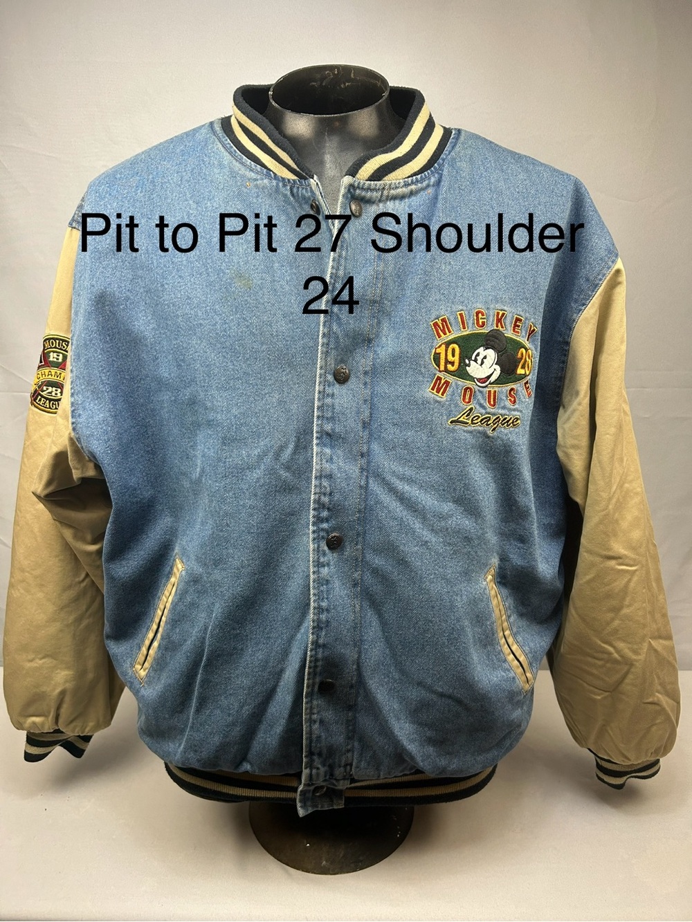 Disney Light Blue Denim and Tan Mickey Varsity Jacket